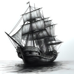 A sketch of a pirate ship in black-and-white with realistic textures and low resolution - generated by ai - obrazy, fototapety, plakaty
