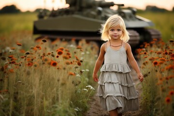 Little girl in cornfield An occupying tank follows her. Cornfield, grain agreement in war. - obrazy, fototapety, plakaty
