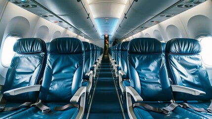 An image of an empty airplane cabin with blue leather seats.