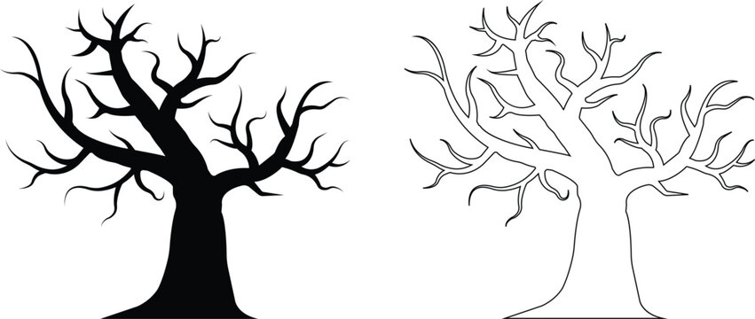 Halloween scary tree icon black set flat, line. Silhouette of a dead tree vector isolated on transparent background. Winter dry tree with bare branches without leaves terrible night in the cemetery