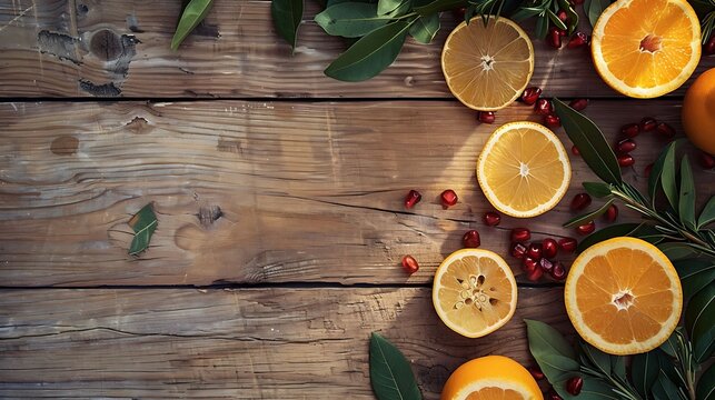 r&Atilde;&ordm;stica mesa de madera con limones y granadas.