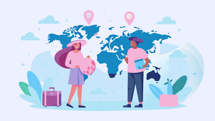 Young Explorers: A Beautiful Vector of a Girl and Boy Planning Their Dream Destinations on a World Map