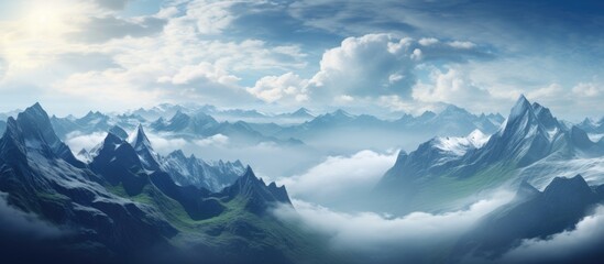 A painting depicting snow-capped mountains merging with green terrain under a sky filled with swirling clouds, creating a majestic scene of natural beauty and mystique.