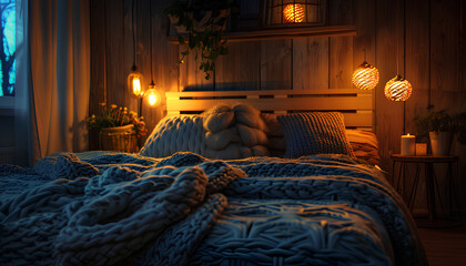 Interior of bedroom with knitted plaid on bed and glowing lamps at night