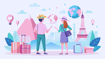 Young Explorers: A Beautiful Vector of a Girl and Boy Planning Their Dream Destinations on a World Map