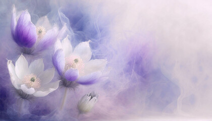 Fioletowe i białe kwiaty wiosenne, eteryczny kwiat,  artystyczne tło, puste miejsce - obrazy, fototapety, plakaty