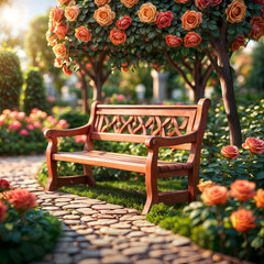a bench in a blossoming garden