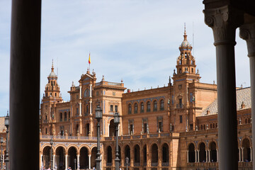 The beautiful decorated Plaza de España (English: Spanish Square) during an colourful sunrise is a...