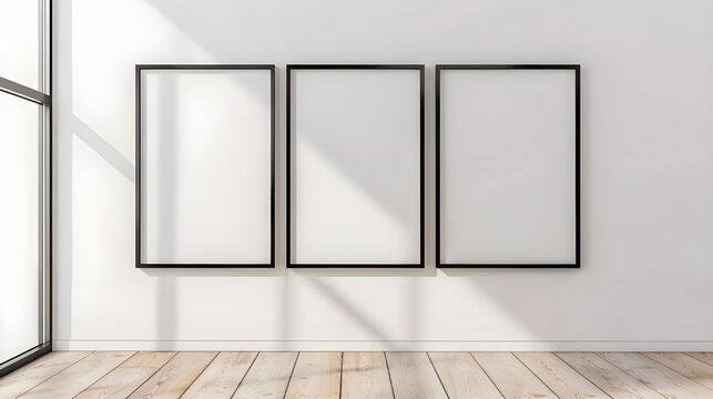 Three empty vertical black frame mock up in a white interior room design with wooden oak floor, 3 empty modern frames for gallery wall mockup, 3d illustration white wall interior Ai Generated 