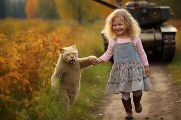A little girl walks along a country road holding hands with a cat. They are followed by an tank.