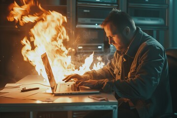 Concept of burning deadlines and urgency. Man works in the office with a burning laptop computer and desk in flames. Stress and tension are palpable as he strives to meet the demands of his work.