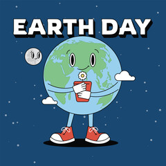 Fototapeta premium Retro earth day poster design vector flat illustration planet smiling holding flower red pot