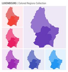 Luxembourg map collection. Country shape with colored regions. Deep Purple, Red, Pink, Purple, Indigo, Blue color palettes. Border of Luxembourg with provinces for your infographic.