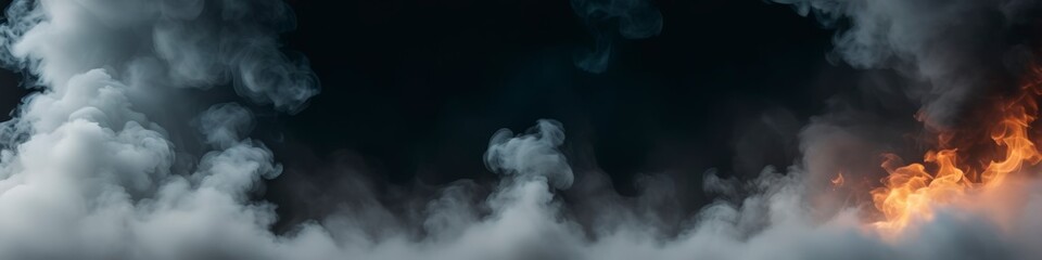 Abstract realistic illustration of gray smoke clubs and fire tongues on dark background. Background for banner design, poster, website header, space for text. - obrazy, fototapety, plakaty