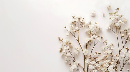 White delicate flowers on a white background. The image is airy and light. Perfect for a wedding, baby shower, or any other special occasion.