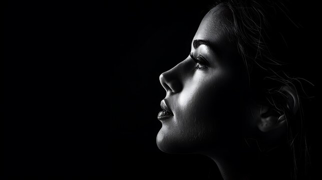 A beautiful, mysterious woman with flawless skin and a perfect profile. She is looking away from the camera with a pensive expression.