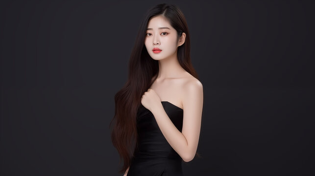 Young Asian Woman Model In Black Dress with Black Background