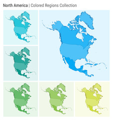 North America. Map collection. Continent shape. Colored countries. Light Blue, Cyan, Teal, Green, Light Green, Lime color palettes. Border of North America with countries. Vector illustration.