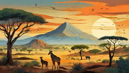 Fotobehang Oil illustration of African savanna landscape with mountain and sun. Abstract painting. Wildlife and nature © hardvicore