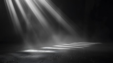 A spotlight shines down on a dark, wet concrete floor. The light is reflected off the surface of the water, creating a shimmering effect.