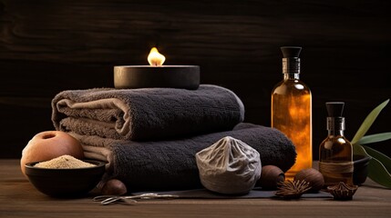 Fototapeta na wymiar sauna accessories, creams, shampoo, towels, candles, relaxation, dark background