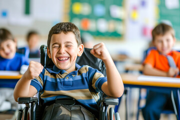 A boy in a wheelchair is smiling at the camera