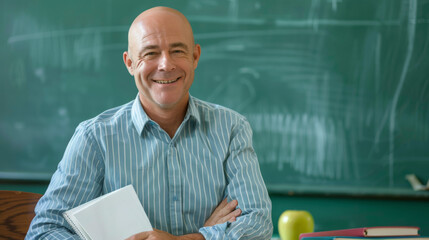 A man sits at a desk with books and an apple, smiling broadly.