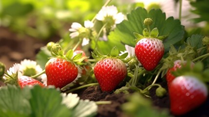 White flower with Red strawberry berries on strawberry field, close up.