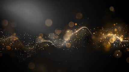 Golden glitter particles wave with shiny glowing light effects on dark background. Defocused sparkling dust. © Togrul