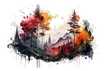Watercolor landscape. Forest background. Tree vector illustration.
