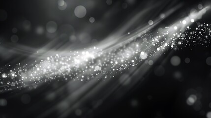 Elegant silver background with smooth light gray wave and glowing white particles.