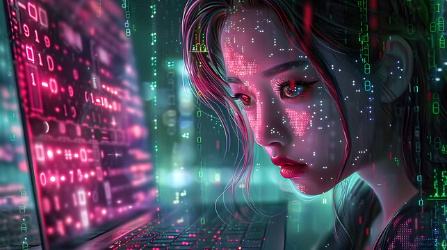 Cyberpunk asian girl with laptop and binary code.