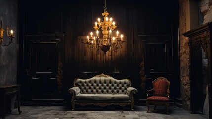 Black room in the castle with a vintage door, a chandelier, a sofa and amirror and fireplace.