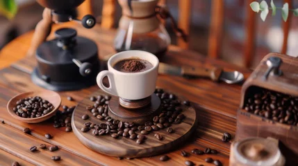  coffee on the table and there are coffee beans being ground using a grinder. © matoya