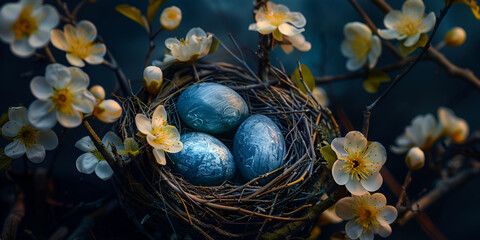 Fototapeta na wymiar Happy Easter background concept with easter eggs in nest and spring flowers