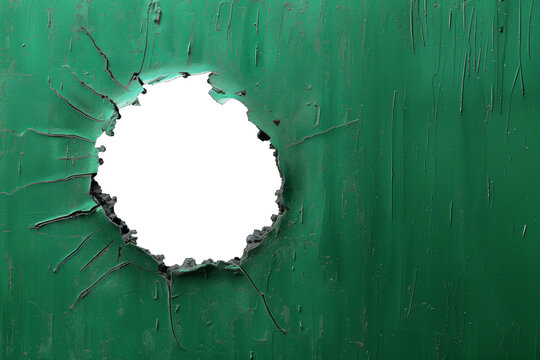 Furo trnsparente numa chapa de metal pintada de verde, png