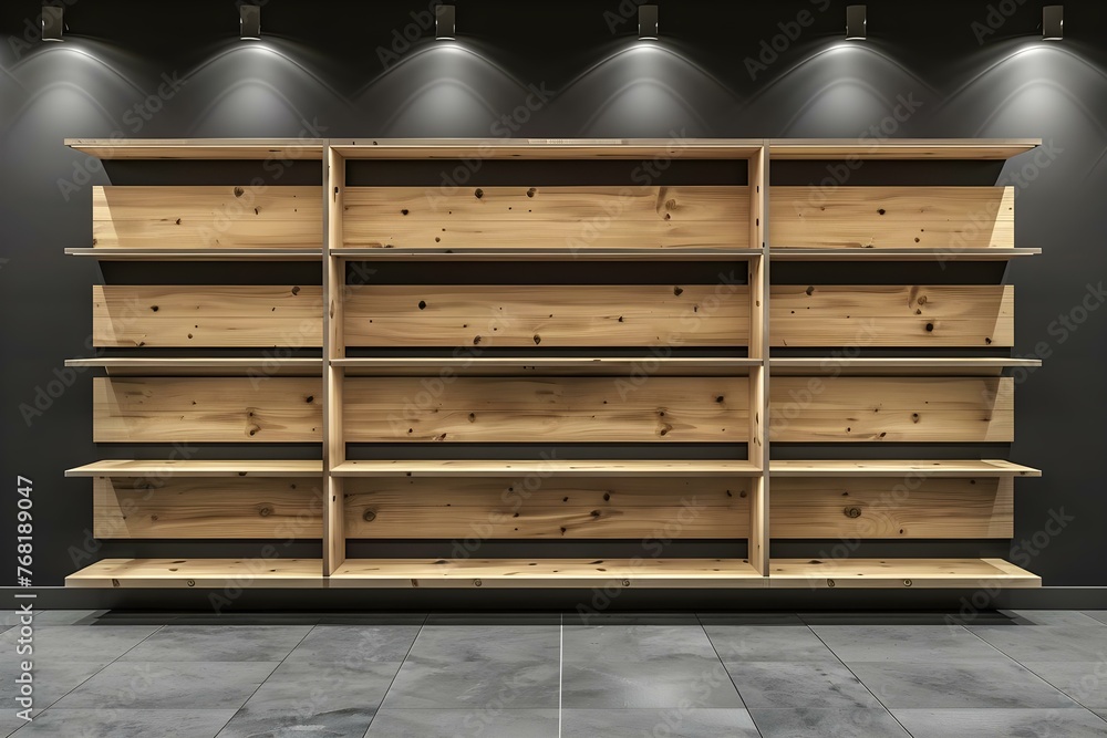 Poster empty wooden store shelves with spotlights creating a modern and inviting display in a supermarket s