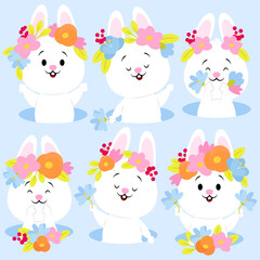 Set of cute Easter white bunnies with spring flowers