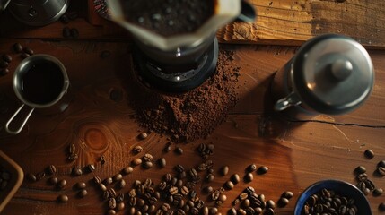 Naklejka premium coffee on the table and there are coffee beans being ground using a grinder.
