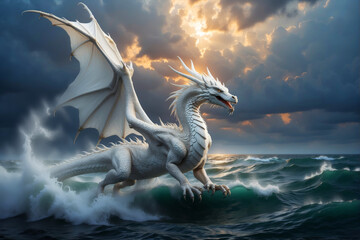 A white dragon flies over the sea