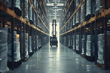 Warehouse forklifts operated by AI and robotics for efficient storage and logistics management in industrial settings. Concept AI-operated forklifts, Robotics in warehouses, Efficient storage