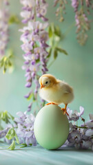 Easter Egg and Adorable Chick Amidst Lush Wisteria