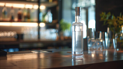  A bottle of artisanal vodka stands out on a contemporary bar counter with its sleek design and simple label. Its crystal-clear contents, recorded in breathtaking HD clarity, beckon to be savoured - obrazy, fototapety, plakaty