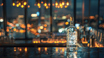  Against a backdrop of shimmering city lights, a bottle of premium vodka commands attention on a...