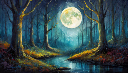 Obraz na płótnie Canvas Oil painting of spooky forest with full moon on dark background. Dead trees. Wild nature. Hand drawn