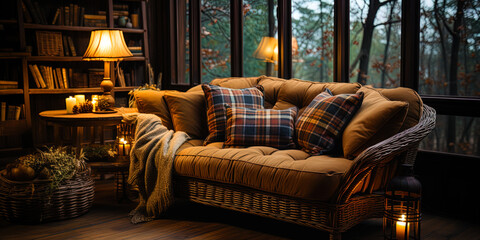 A cozy room, with soft pillows and warm plaid, like a shelter from cold wi - obrazy, fototapety, plakaty