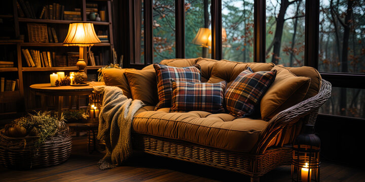 A cozy room, with soft pillows and warm plaid, like a shelter from cold wi