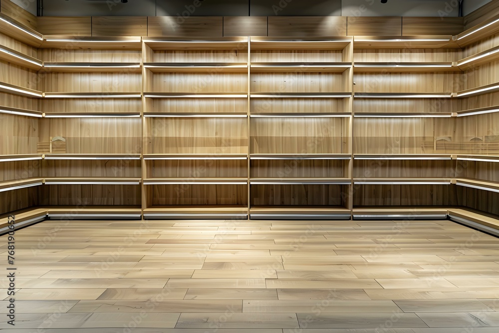 Poster spotlighted empty wooden store shelves create a modern and inviting display in a supermarket. concep