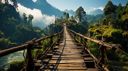 A fairy tale bridge, which hovers above the foggy peaks, like a bridge to forgotten legend