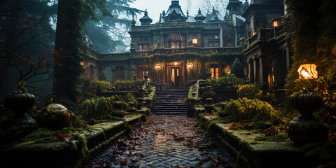 A ghostly mansion, with wide steps leading into a forest thicket, like a gate into a parallel w - obrazy, fototapety, plakaty